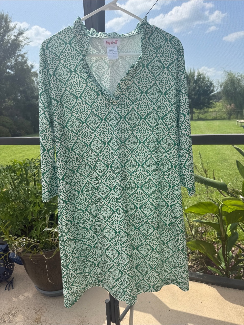 Top it Off Green & White 3/4 Long Sleeve V-Neck Tunic Dress